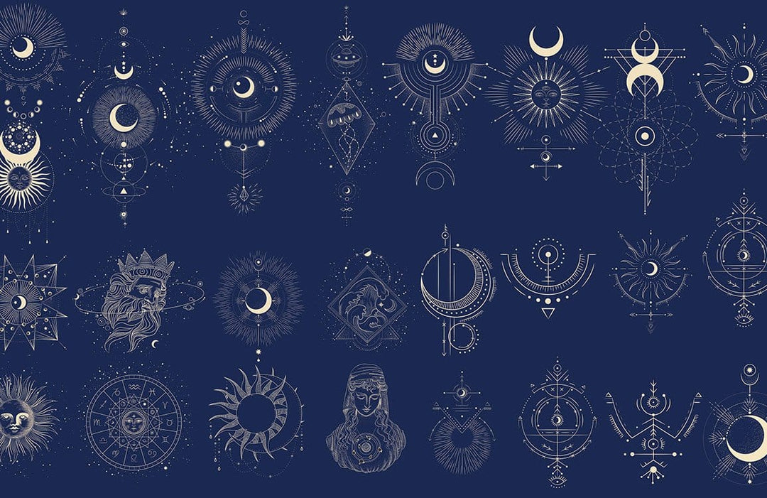 Celestial Navy Blue Mystical Symbols Geometric Pattern Wallpaper Decor UK