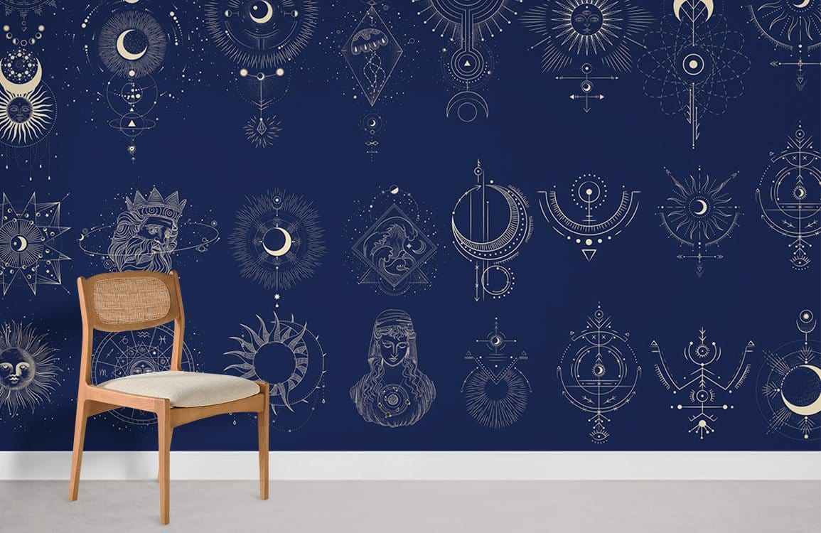 Celestial Navy Blue Mystical Symbols Wallpaper in modern room with wooden chair and grey flooring.