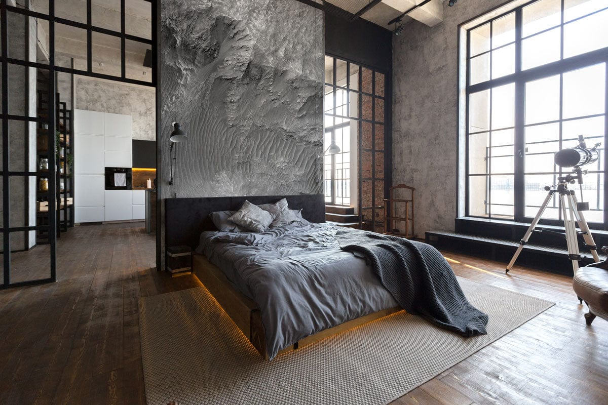 Bedroom with Mars-inspired grey mural wallpaper above grey bed, featuring wooden flooring and large windows.