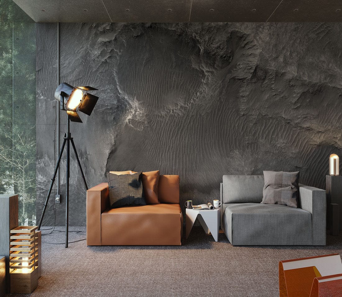 Mars-Inspired Grey Mural Wallpaper in modern living room, brown and grey sofas, textured flooring, tripod lamp.