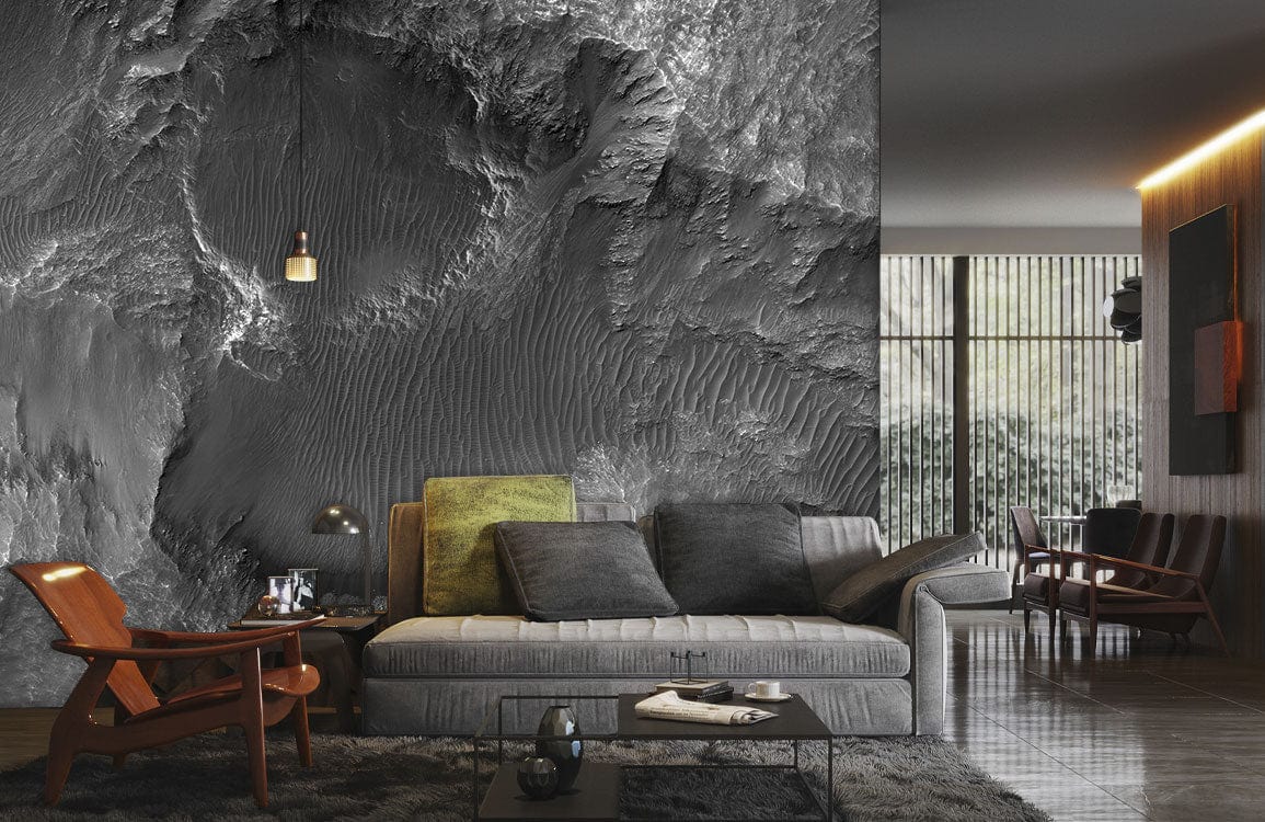 Mars-inspired grey abstract mural wallpaper, modern interiors, velvet grey sofa, wooden chairs, glass table.
