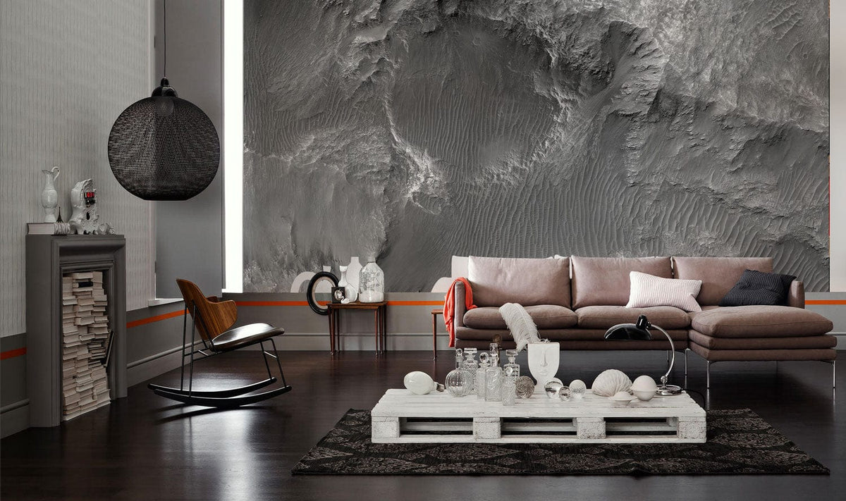 Mars-Inspired Textured Grey Abstract Mural Wallpaper complements modern room with sleek beige sofa and dark flooring.