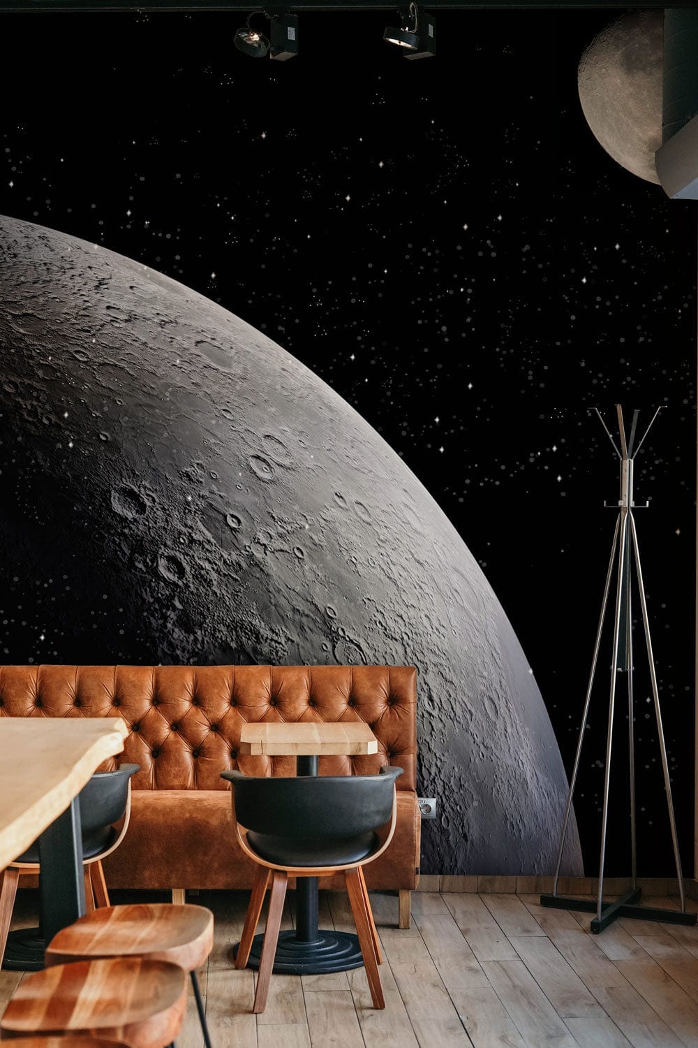 Stunning lunar landscape mural wallpaper, brown velvet sofa, wooden flooring, monochrome space scene design.