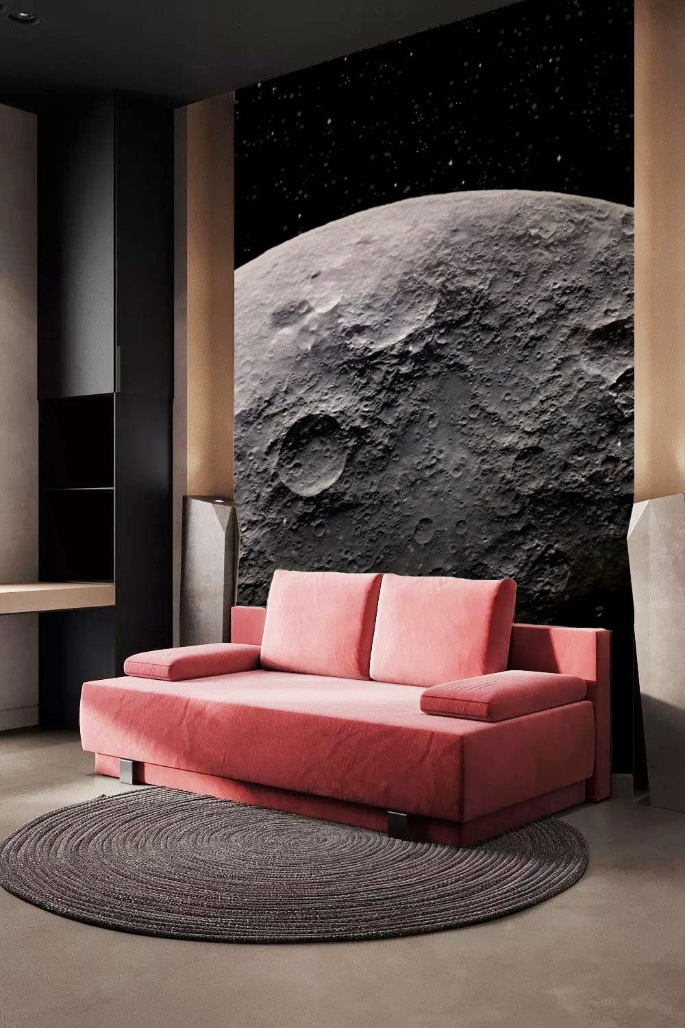 Mystical Lunar Space Adventure Mural with pink sofa, grey floor, monochrome wall, and rug in lounge.