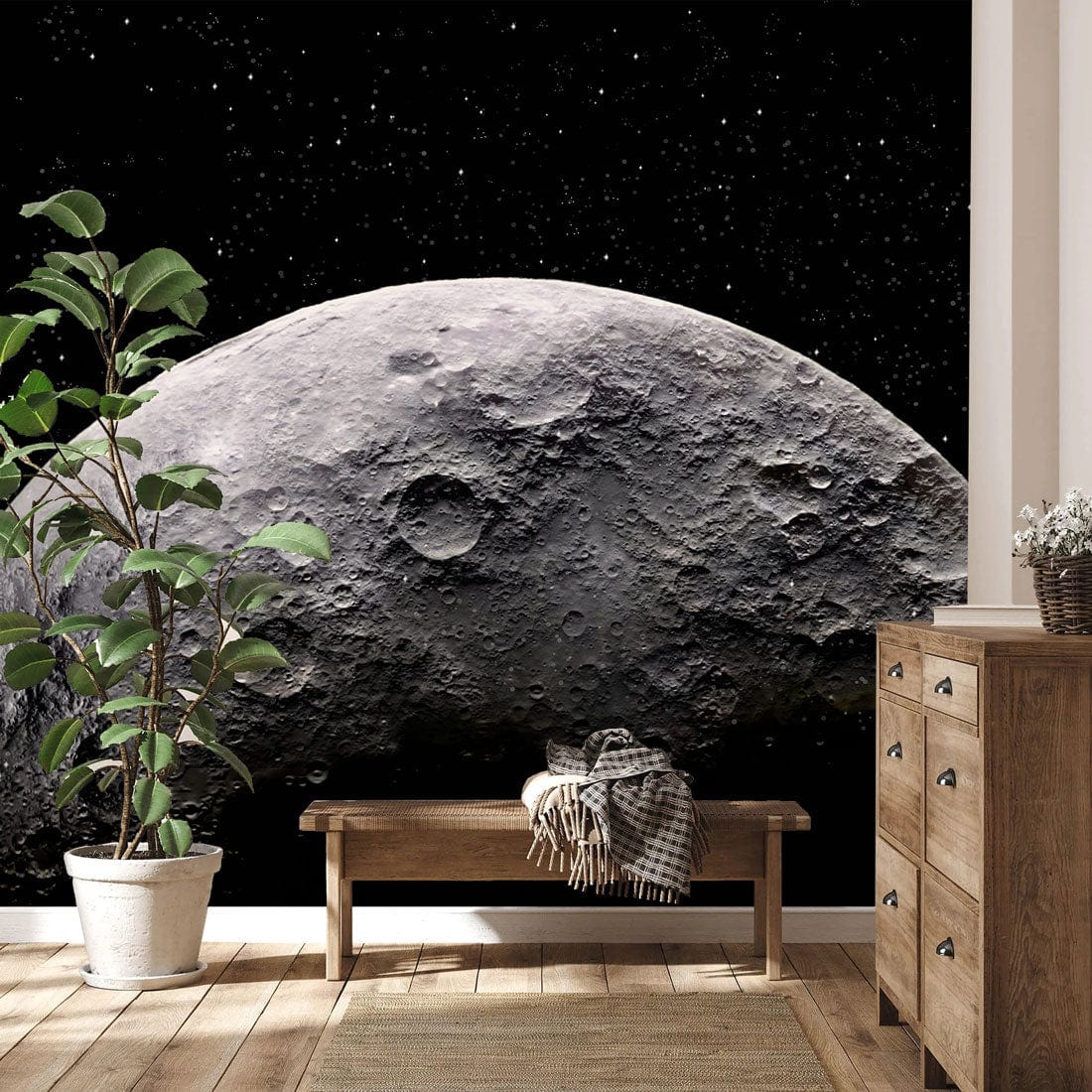 Mystical Lunar Wallpaper, monochrome lunar mural, rustic wooden bench, chest of drawers, wooden flooring.
