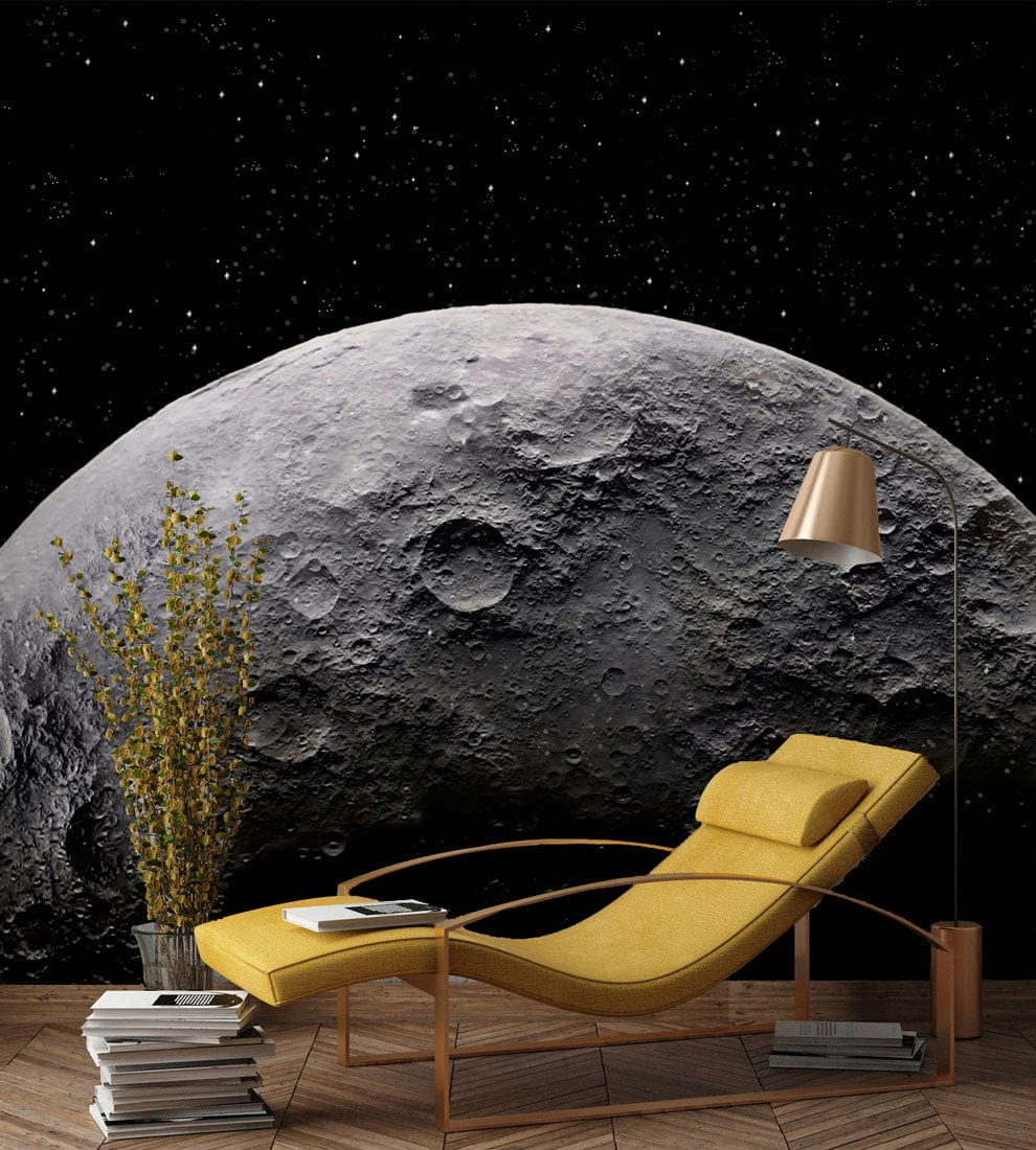 Mystical Lunar Adventure Mural, monochrome, modern yellow recliner, wooden floor, elegant floor lamp.