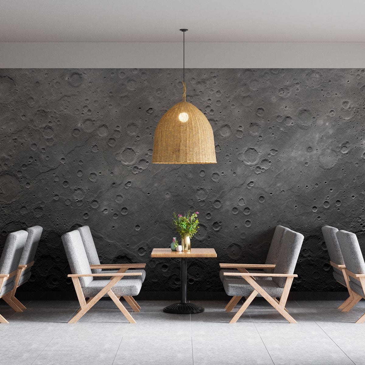 Grey Lunar Surface Textured Wallpaper in modern room, grey chairs, tile flooring, hanging lamp.