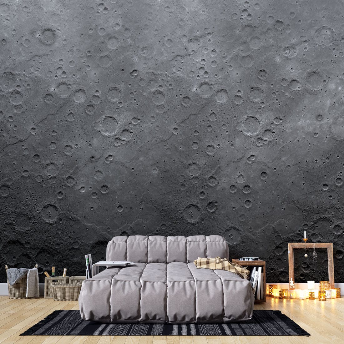 Grey lunar texture wallpaper in living room with grey sofa, wooden flooring, and modern decor accents.