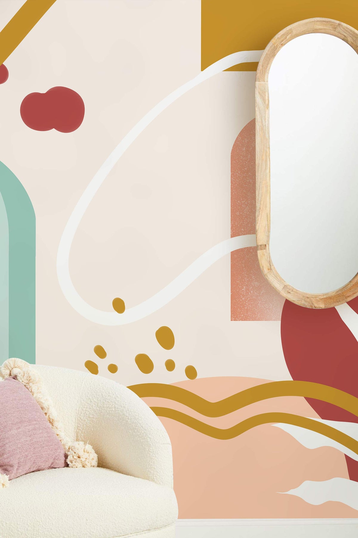 Modern Abstract Geometric Wall Mural with Earth Tones, Pastels, Cream Sofa, and Oval Mirror.