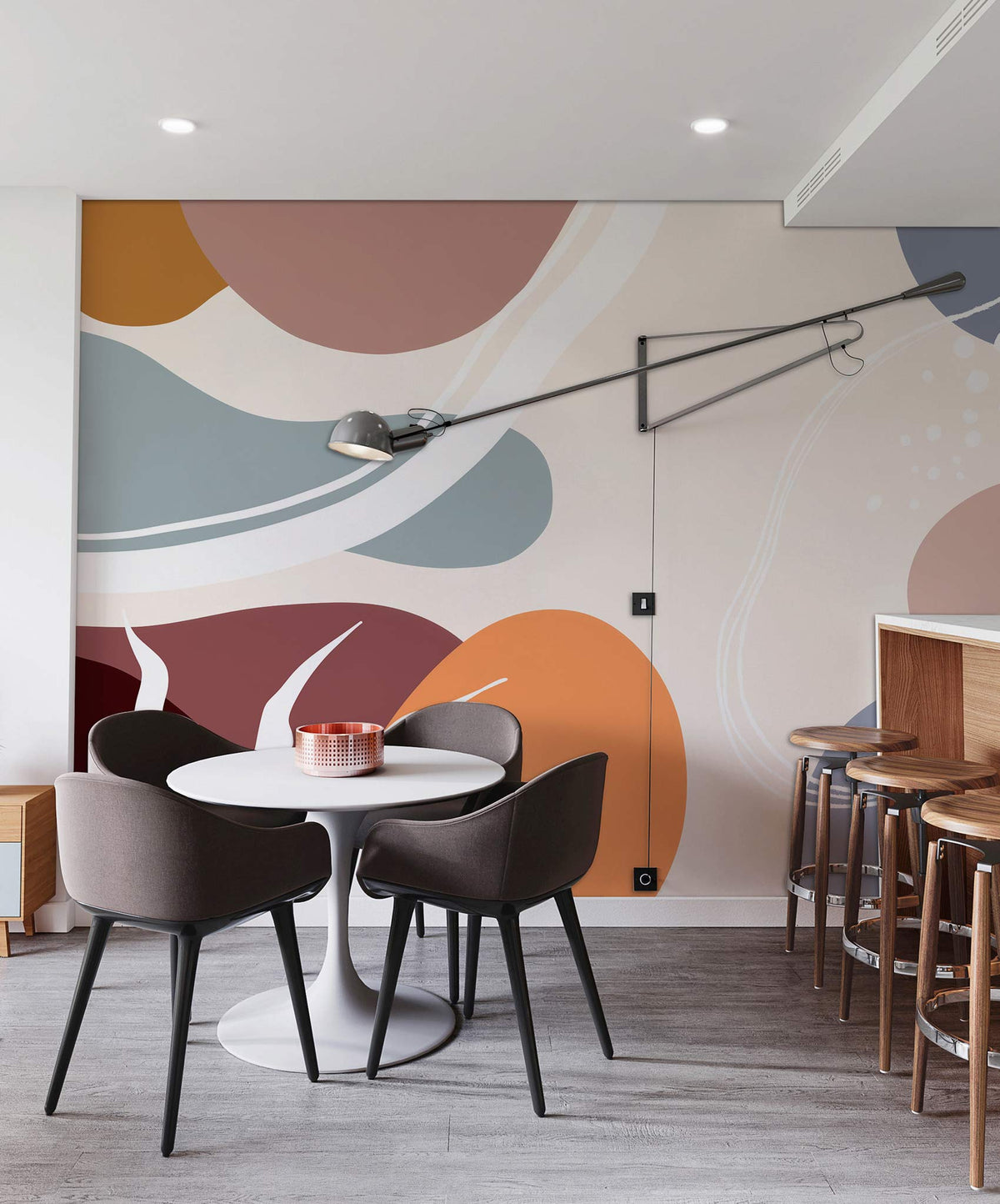 Abstract Earthy Tones Modern Mural Wallpaper in dining area with sleek chairs and wooden bar stools.