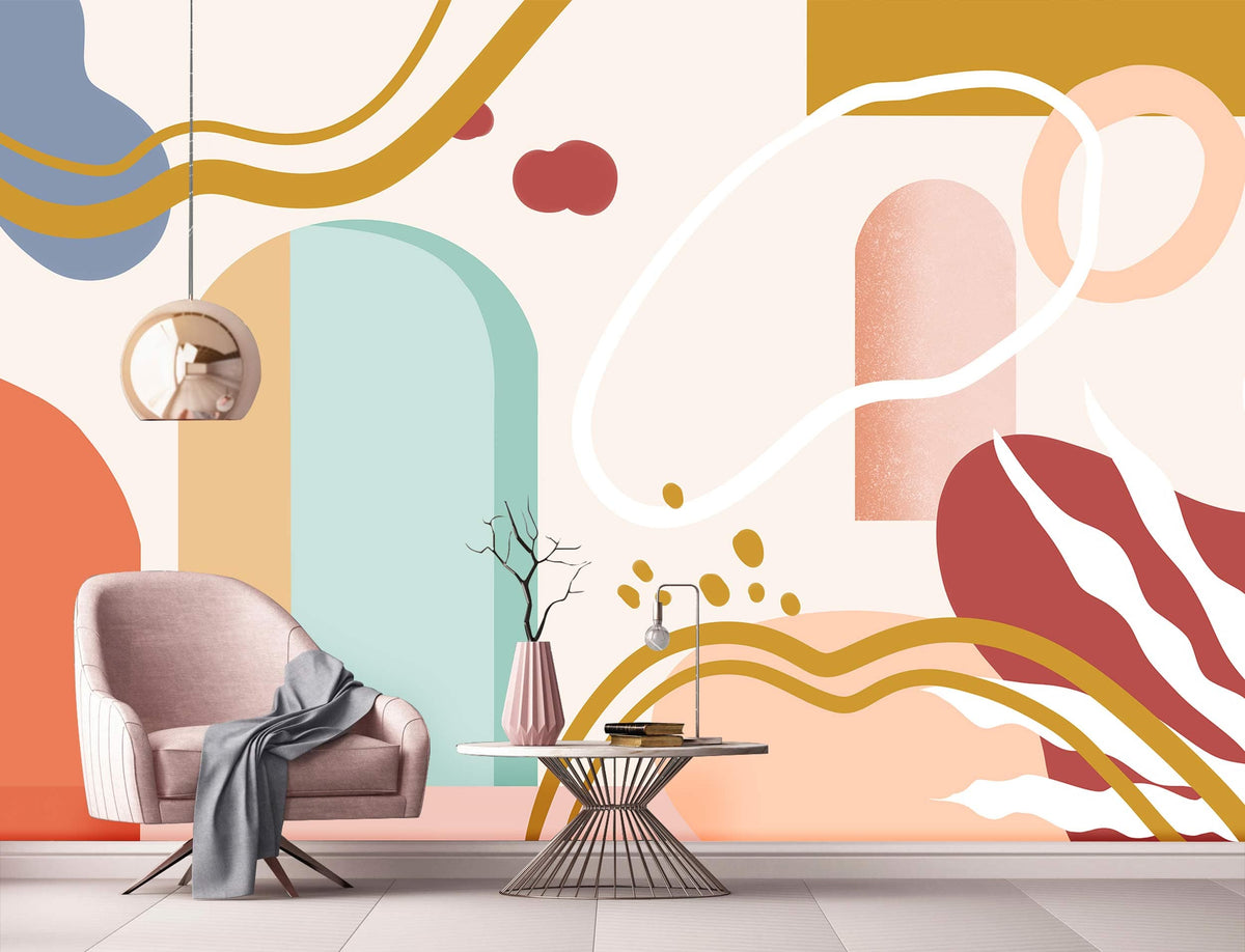 Modern Abstract Geometric Wall Mural, Earth Tones, Pastels, Pink Armchair, Light Wood Flooring, Neutral Room.