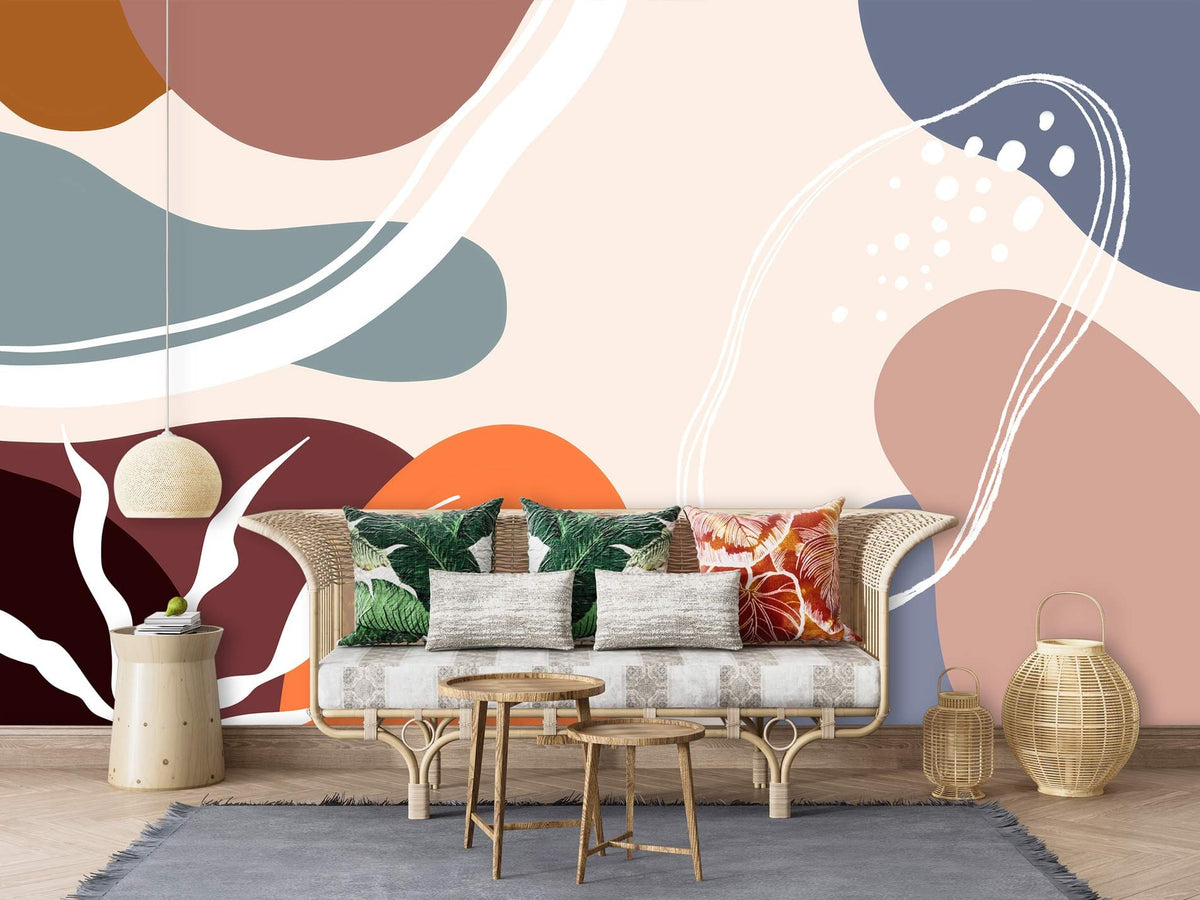Abstract Earthy Tones Modern Mural with wicker sofa, grey rug, light wood flooring, artistic decor accents.