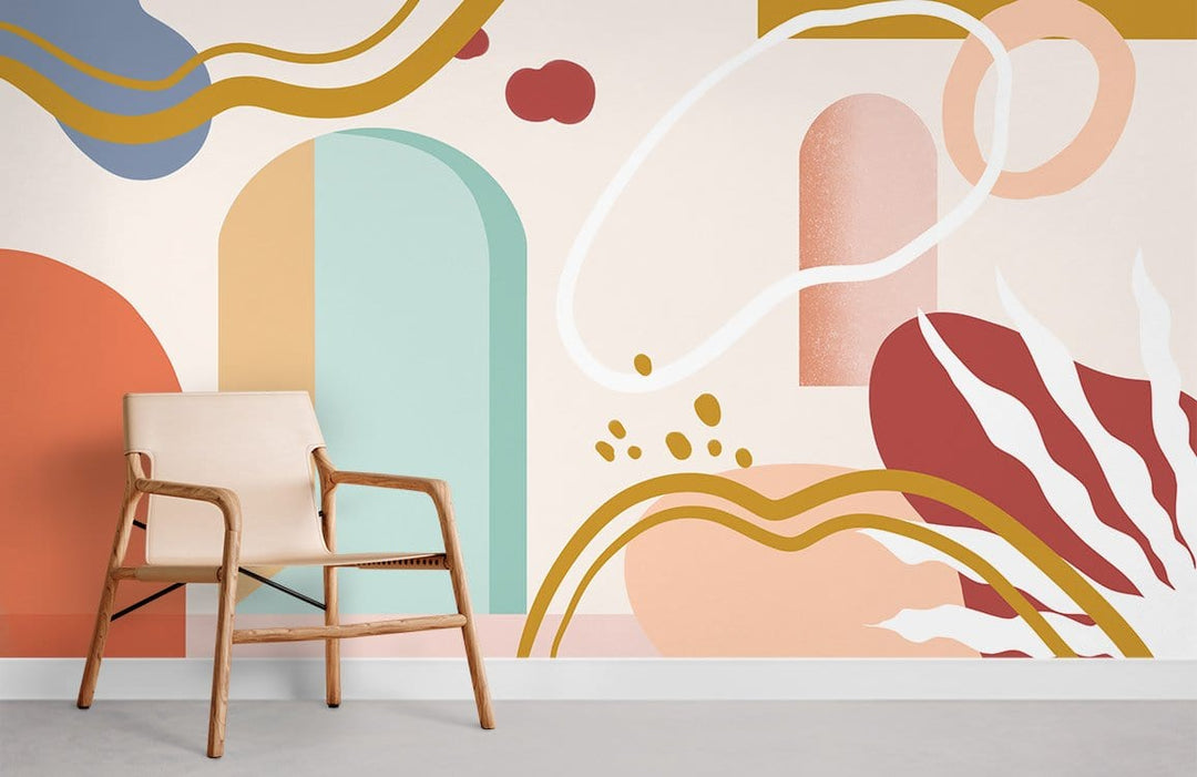 Modern abstract geometric wall mural with earth tones, mid-century chair, grey floor in living room.