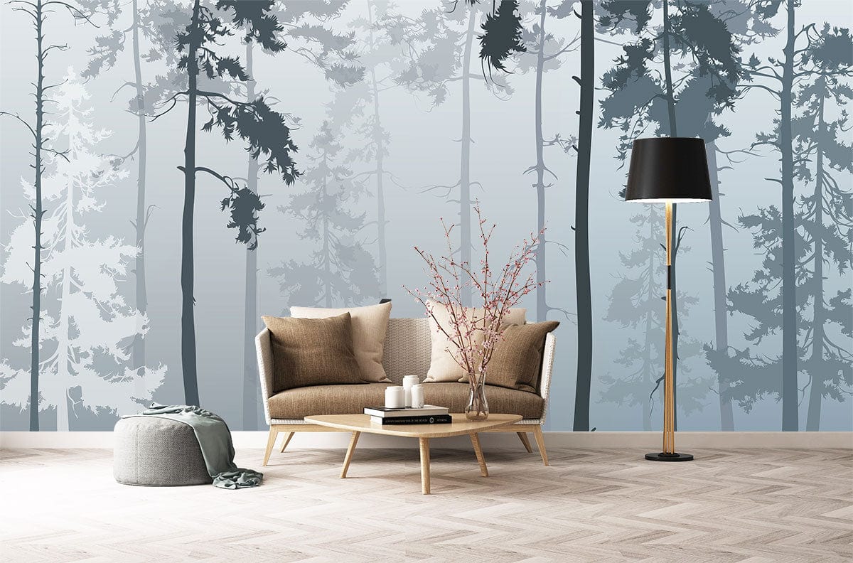 Enchanted Misty Forest wallpaper with grey sofa, herringbone flooring, black floor lamp in living room.
