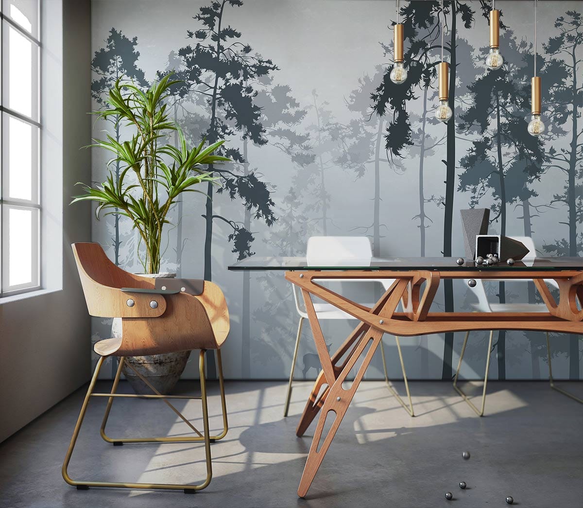 Elegant dining room with Enchanted Misty Forest mural, modern table, stylish chair, grey concrete flooring.