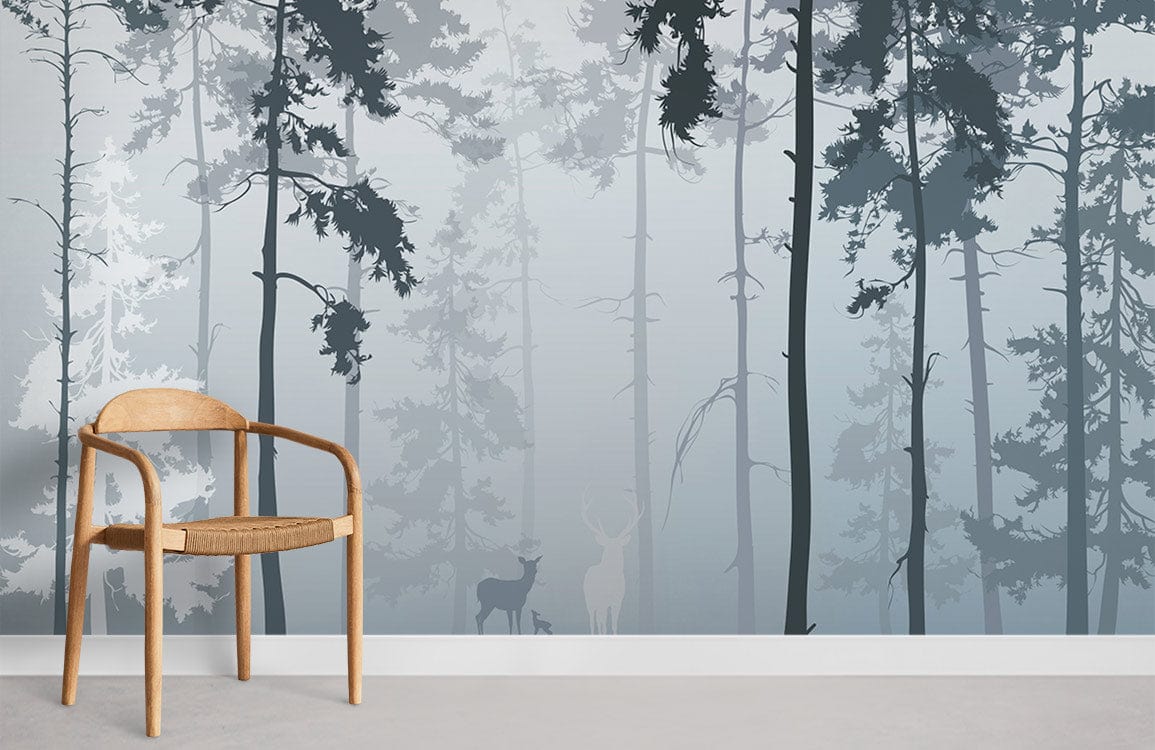 Enchanted Misty Forest mural with grey tones, natural wood chair, and soft beige flooring in living room.