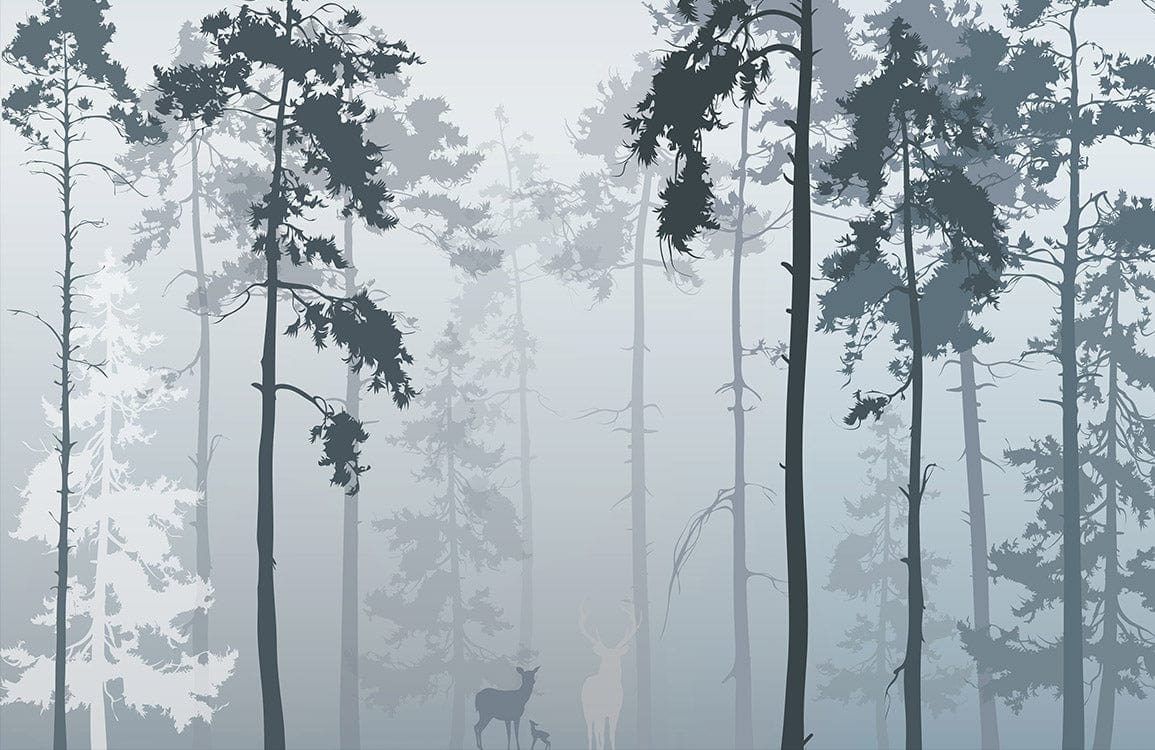 Enchanted Misty Forest Grey and Blue Scenic Mural Wallpaper Decoration
