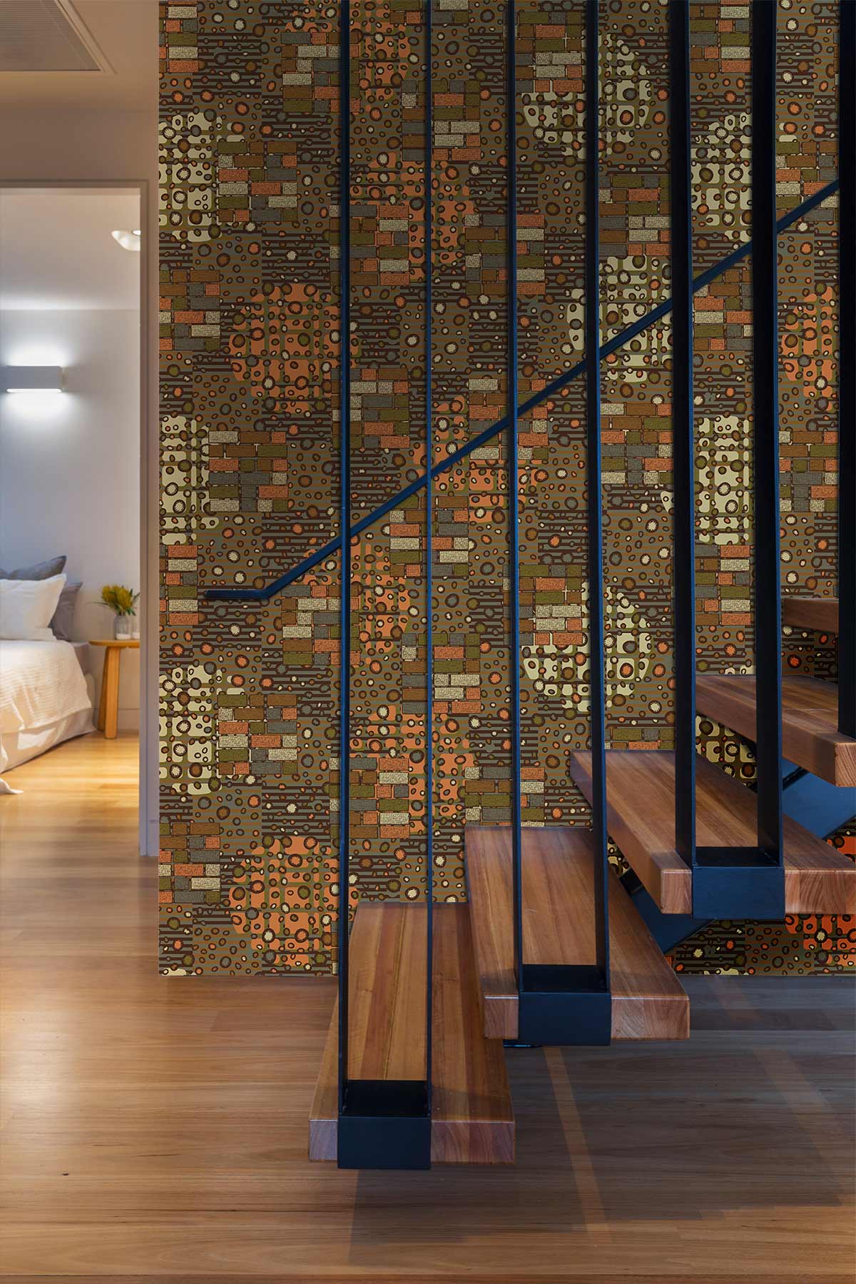 Vintage Bohemian geometric wallpaper, earthy tones; wooden staircase; bedroom; light wood flooring; modern interior.