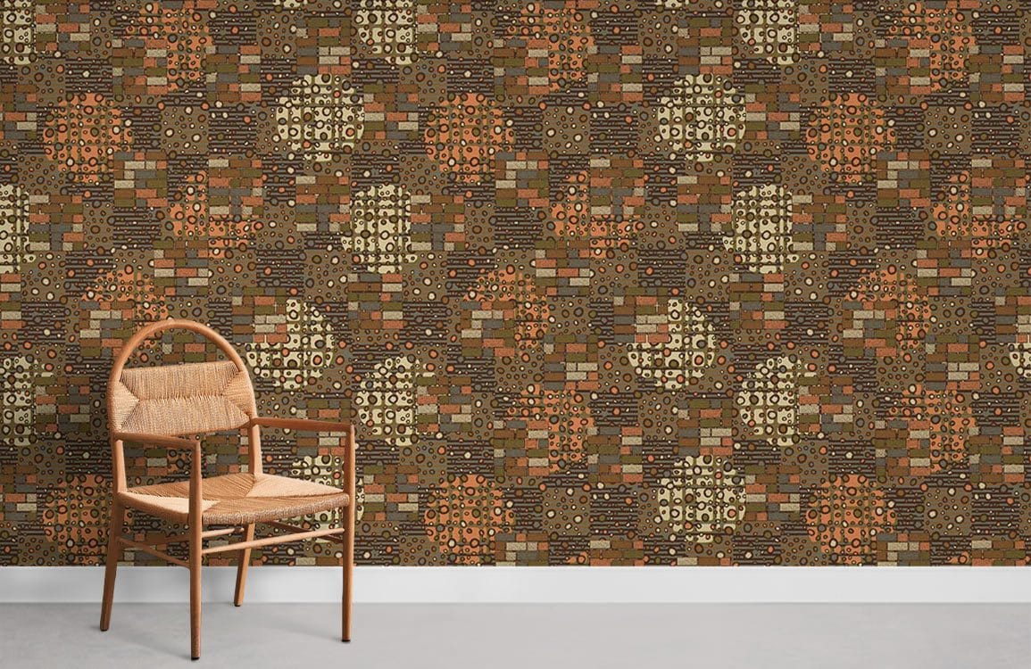 Vintage Bohemian geometric wallpaper in earthy tones paired with rustic chair on wooden flooring.