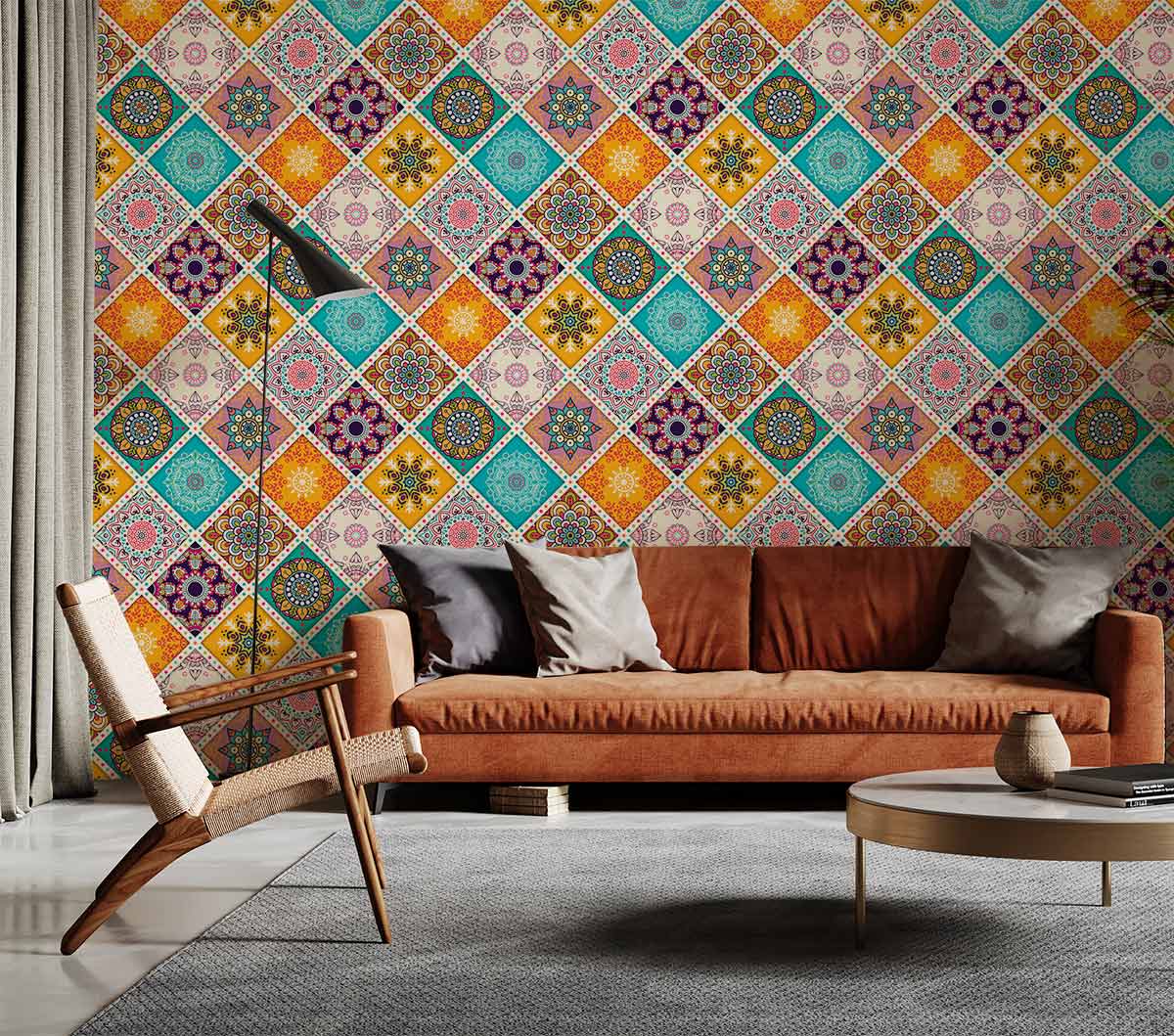 Vibrant geometric mosaic wallpaper featuring Moroccan design with brown sofa, wooden chair, round table, grey rug.
