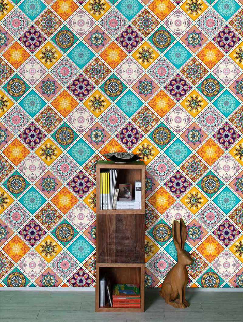 Vibrant geometric Moroccan-style wallpaper; wooden shelf; playful rabbit sculpture; enhances living room charm.