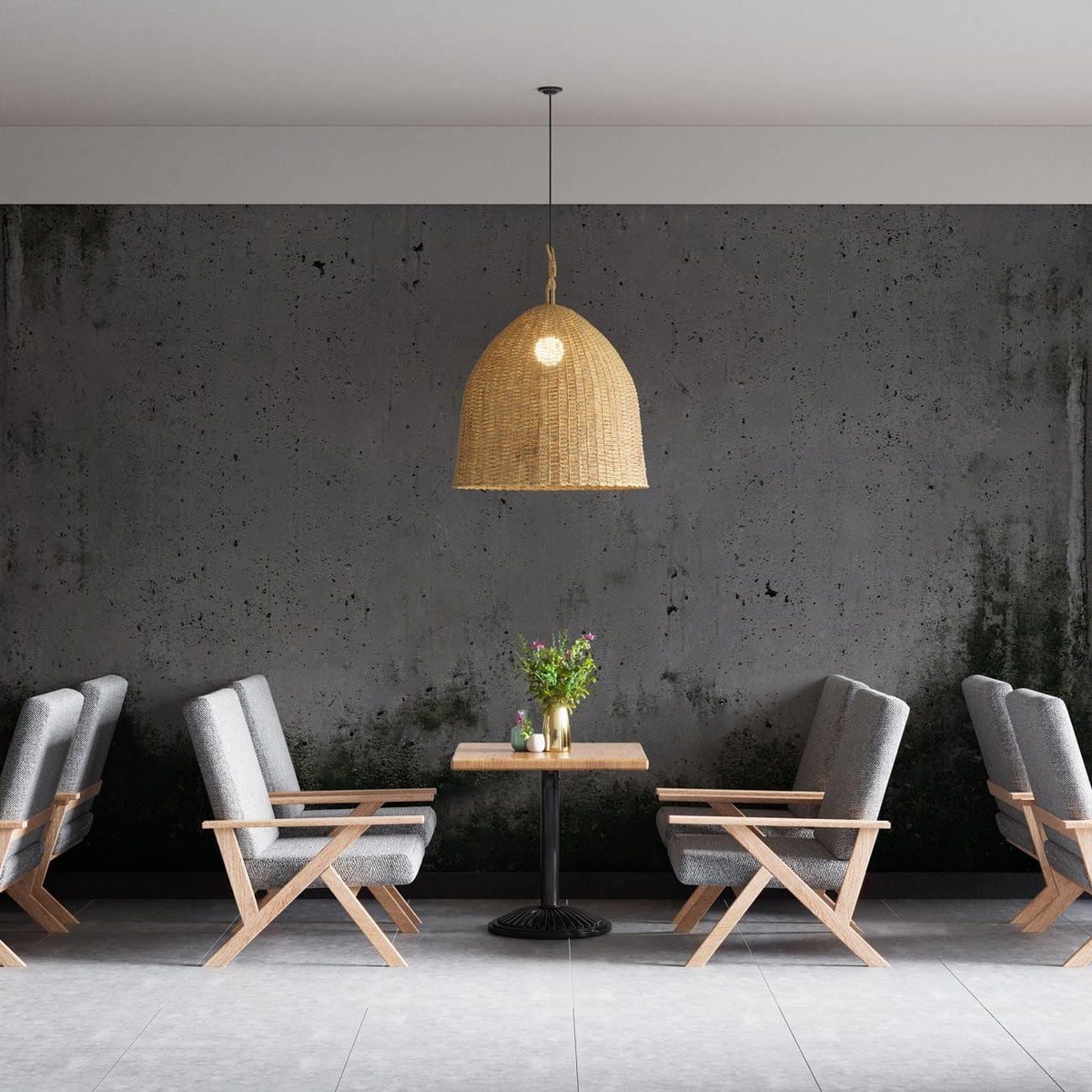 Urban Chic Grey Industrial Mural Wallpaper with grey chairs, wooden table, modern lighting in living room.