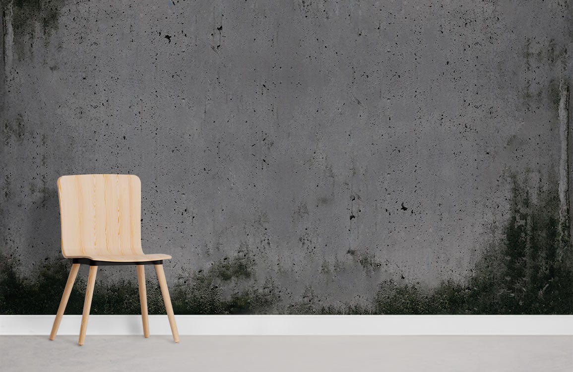 Urban Chic Grey Industrial Mural Wallpaper, modern grunge wall, wooden chair, concrete floor.