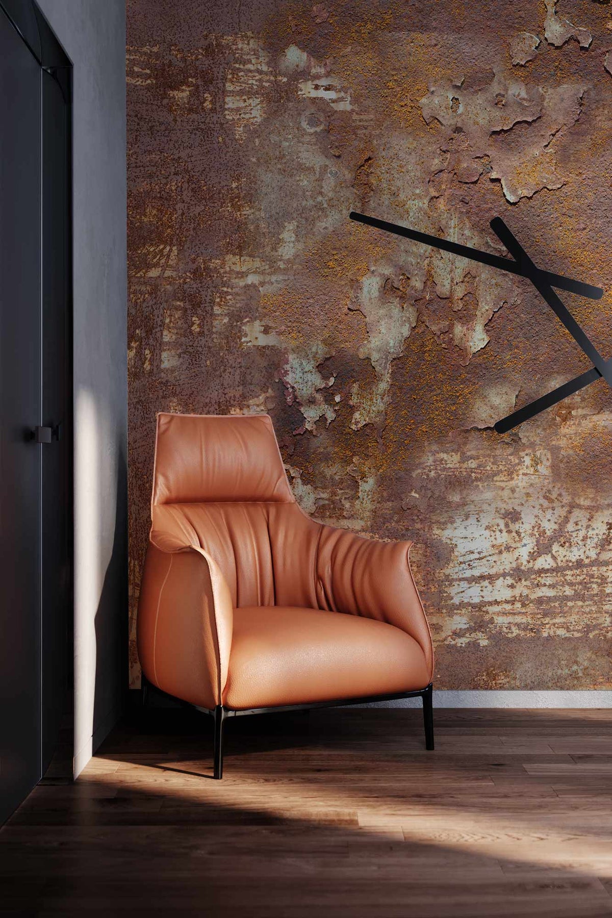 industrial aged rust-textured brown vintage mural wallpaper in living room with leather armchair and wood flooring