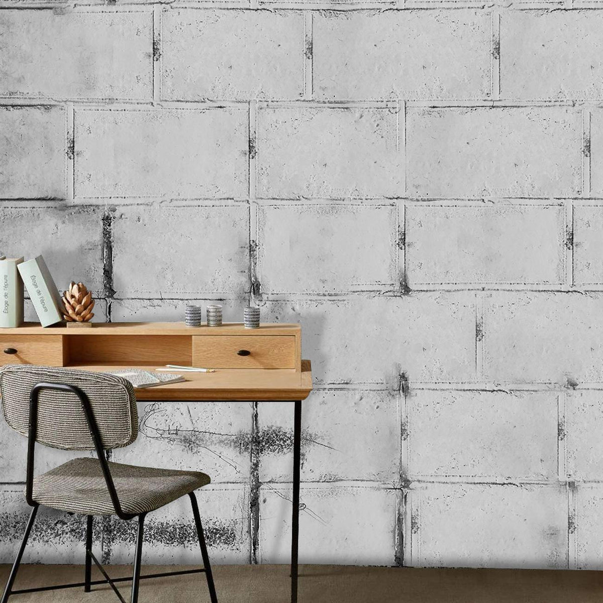 Industrial Grey Concrete Block Wallpaper, modern wooden desk with chair, urban interior design setting.