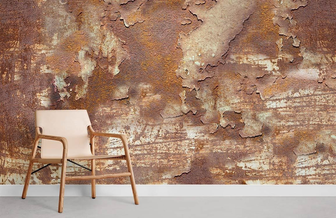 Industrial rust-textured vintage mural wallpaper with beige modern chair on grey flooring, urban decor.