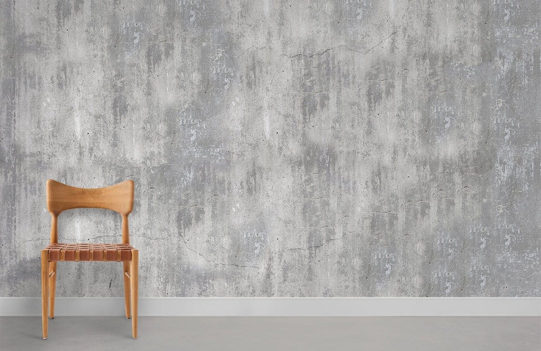 Industrial chic grey textured wallpaper, wooden chair, modern grey flooring in stylish minimalist room.