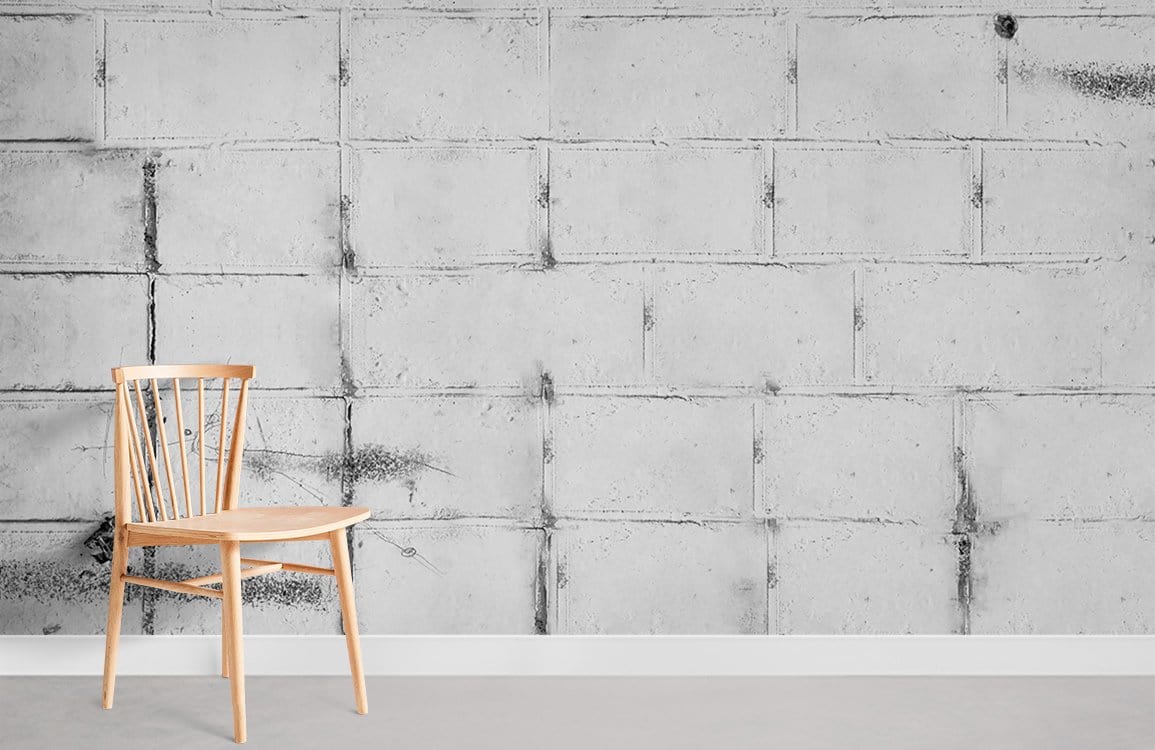 Industrial grey concrete wallpaper featuring wooden chair, minimalist style, urban interior design inspiration.