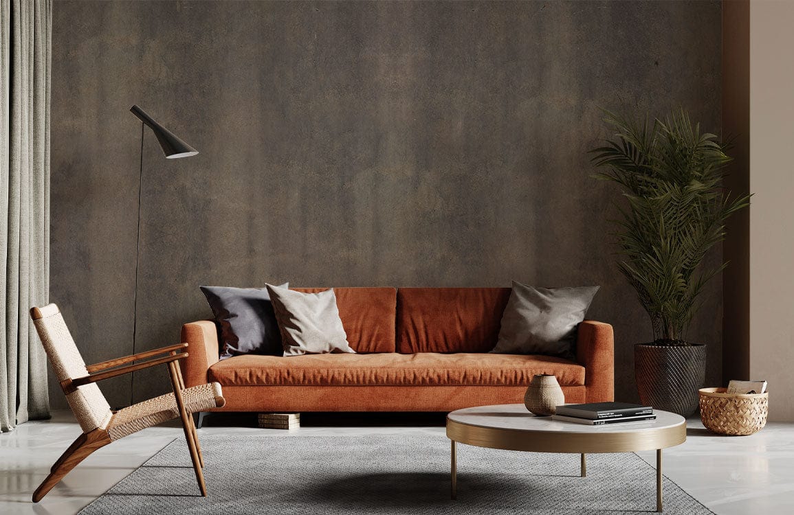Vintage Rustic Charcoal Wallpaper with brown sofa, light wood chair, grey rug in stylish living room.