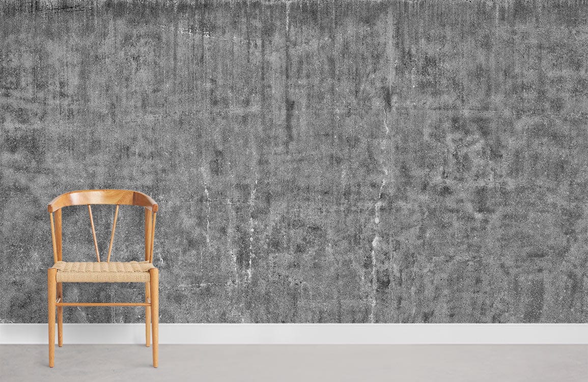 Industrial grey concrete texture wallpaper with wooden chair, modern urban chic decor, light flooring.