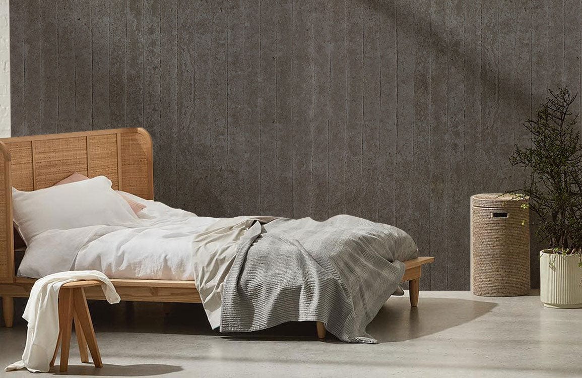 Urban Grey Concrete Texture Wallpaper in modern bedroom with wooden bed, bench, and neutral decor.