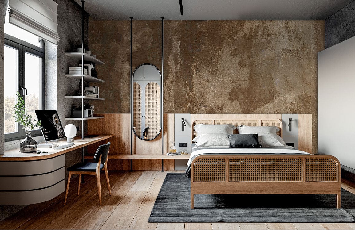 Abstract rustic textured mural wallpaper in vintage bedroom with wooden flooring, grey rug, contemporary desk.
