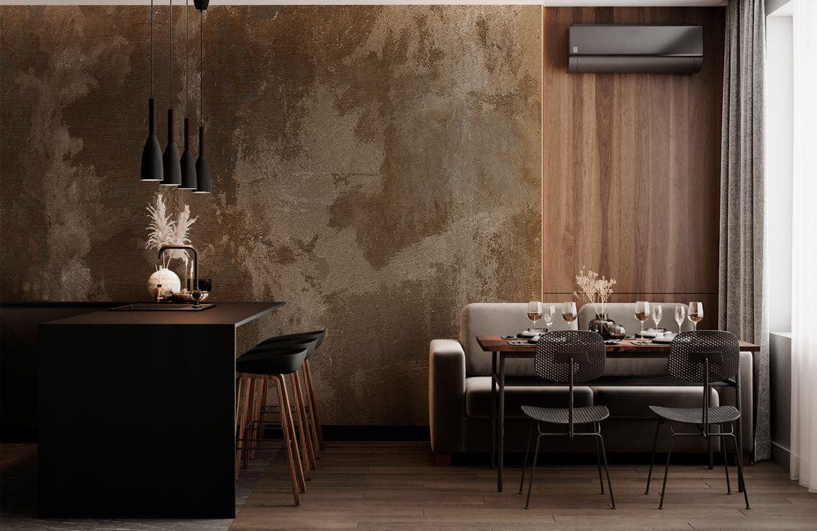 Abstract rustic brown and beige mural wallpaper in vintage dining area, grey sofa, wooden flooring.