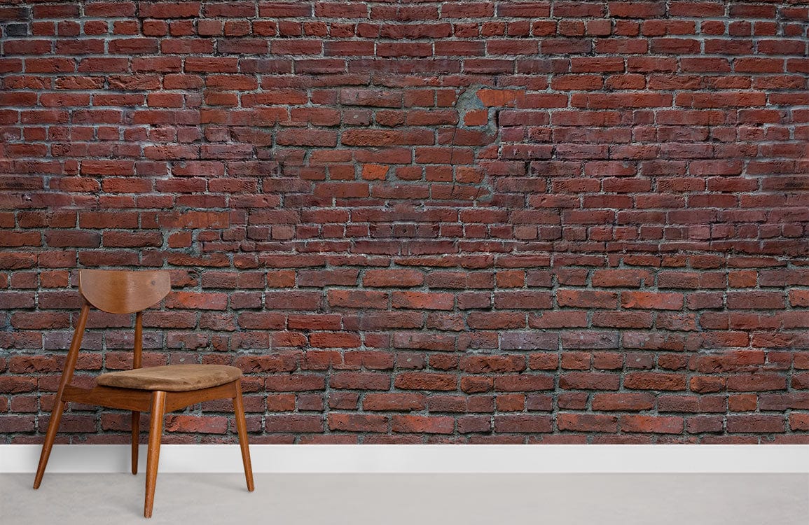 Rustic red brick vintage industrial wallpaper mural with wooden chair, ideal for modern living rooms.
