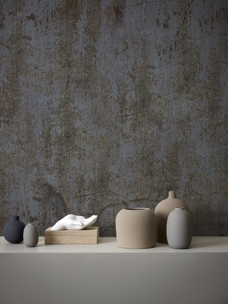 Vintage industrial grey concrete mural wallpaper with decorative vases; ideal for modern interiors.