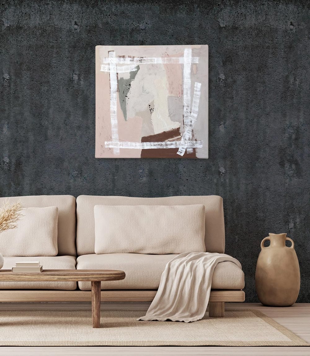 Beige sofa, wooden table, vase against Industrial Charcoal Concrete Effect Wallpaper for modern urban interiors.