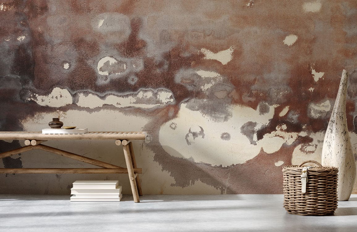 Vintage earthy abstract mural wallpaper in brown, cream tones, wood bench, woven basket, light flooring.