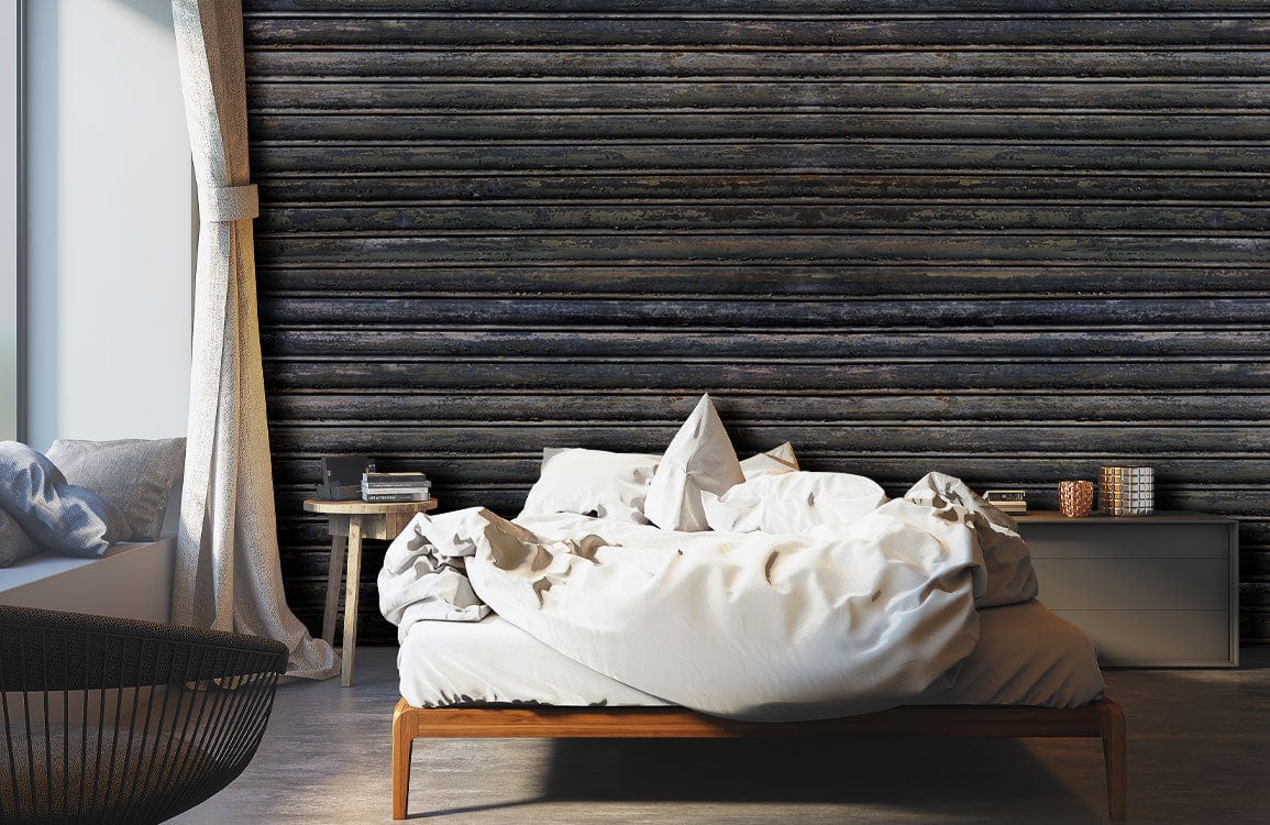 Rustic Industrial Grey Weathered Metal Texture Wallpaper in bedroom with wooden bed and modern furniture.