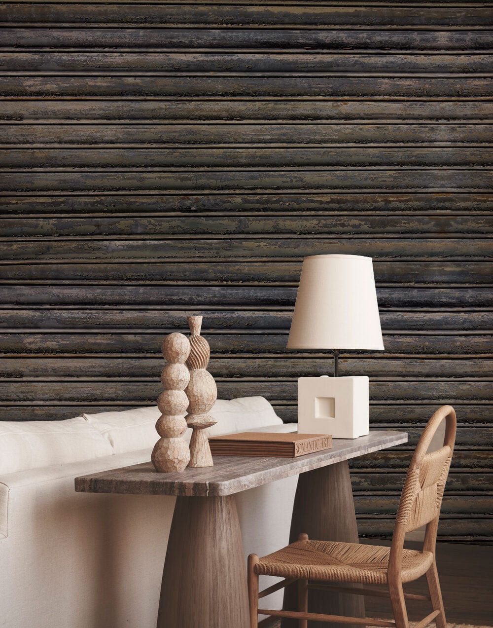 Rustic Industrial wallpaper with grey weathered metal texture, wooden desk, and beige sofa in living room.