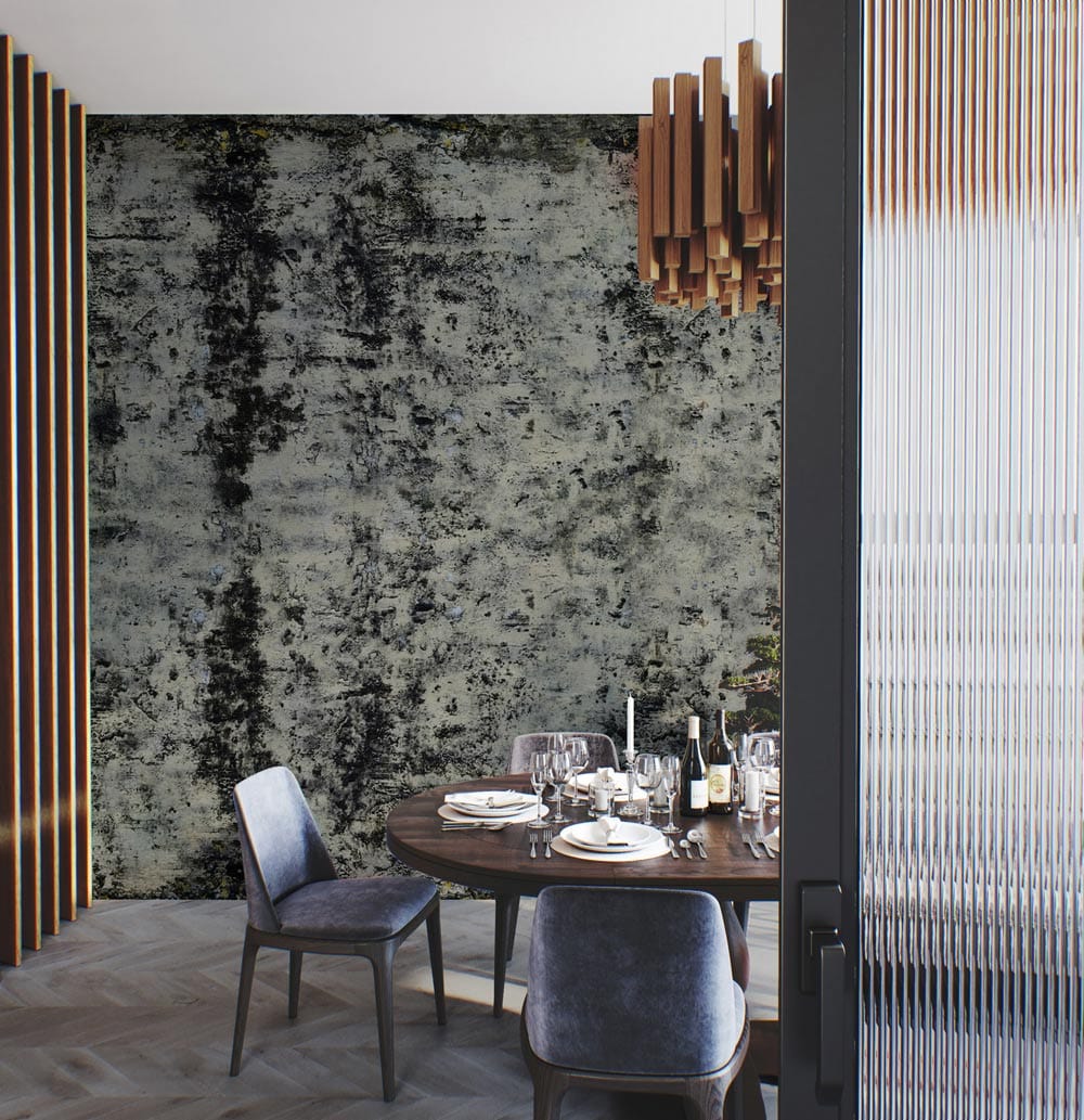 Industrial grey distressed wallpaper in dining room, featuring dark wood table, blue chairs, wooden panelling.