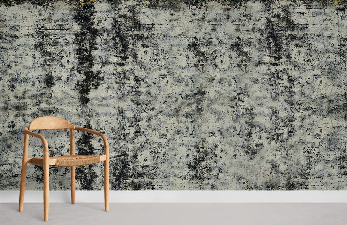 Industrial Grey Distressed Texture Wallpaper complements modern chair and concrete flooring in urban living space.