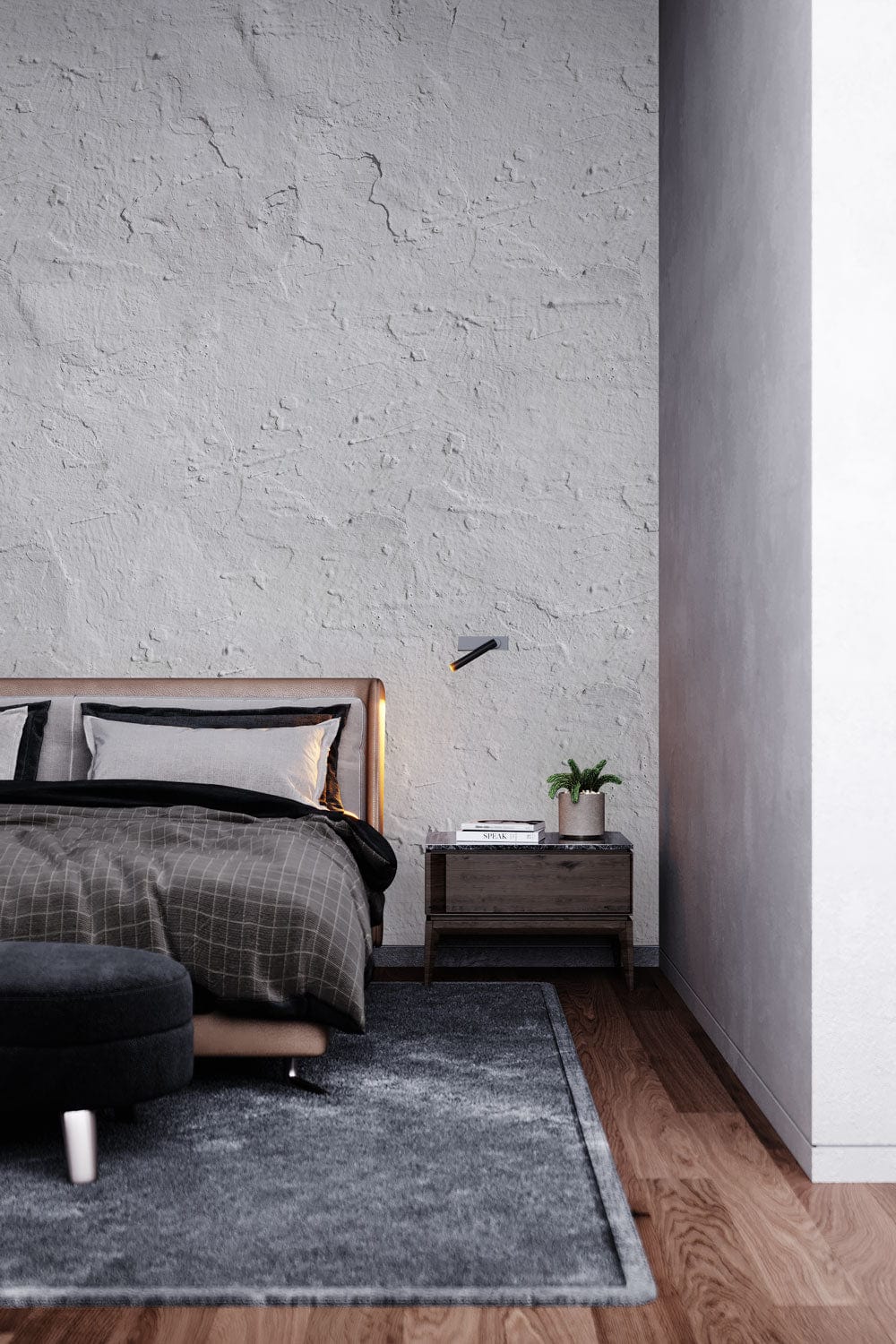 Elegant grey plaster effect wallpaper in modern bedroom with wooden floor, dark bed, and grey rug.