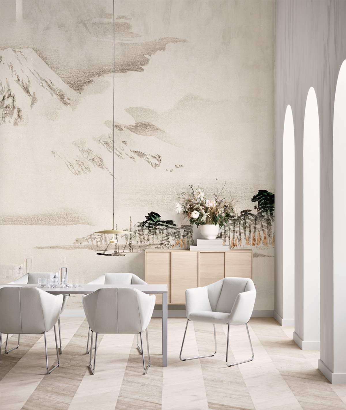 Oriental Watercolour Landscape Wallpaper featuring serene mountain and misty forest in a modern dining room.