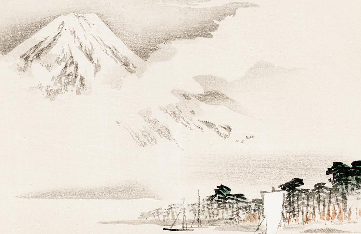 Oriental Watercolour Landscape Wallpaper: Serene Mountain and Misty Forest Design
