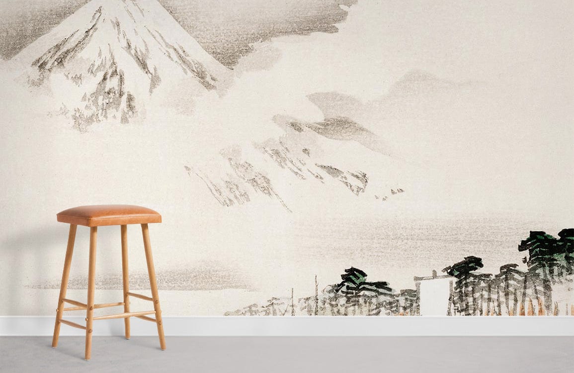 Oriental Watercolour Wallpaper, serene mountains, misty forest, stool, white wall, grey flooring.