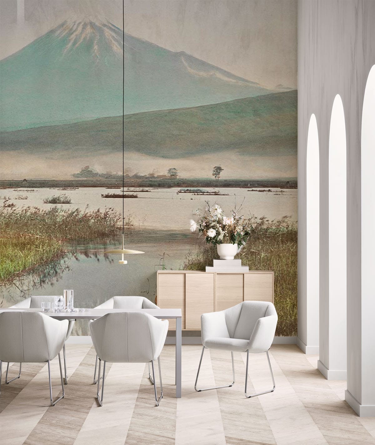 Japanese Tranquil Mountain Scenery Mural, elegant dining, white chairs, light wood, arched walls.